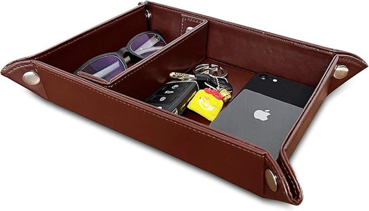 Nightstand Valet Tray Organizer - PU Leather Dresser Organizer Box for Men and Women, Jewelry Accessories Catchall Vanity Tray for Table Desk Top, Bedside Station Tray for Key and Wallet