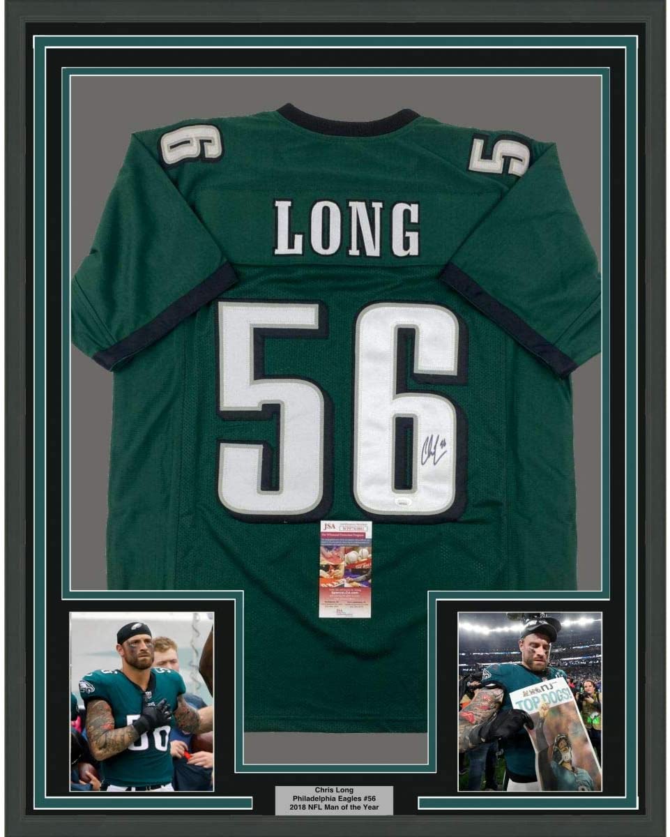 Framed Autographed/Signed Chris Long 35x39 Philadelphia Green Football Jersey JSA COA