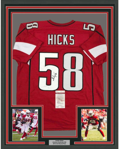 Framed Autographed/Signed Jordan Hicks 35x39 Arizona Red Football Jersey JSA COA