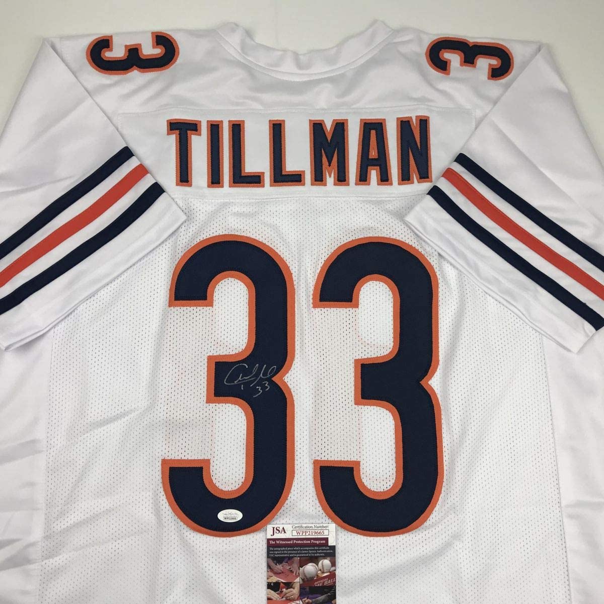 Autographed/Signed Charles Tillman Peanut Chicago White Football Jersey JSA COA