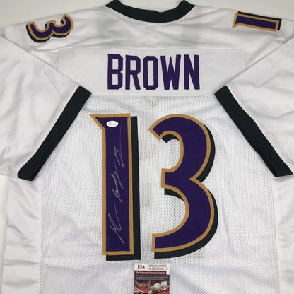 Autographed/Signed John Brown Baltimore White Football Jersey JSA COA
