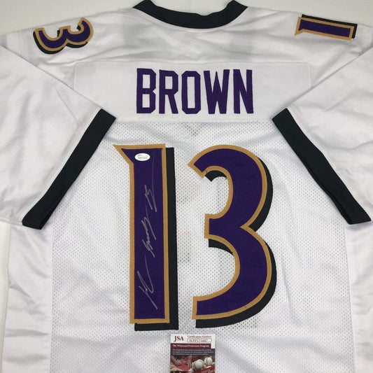 Autographed/Signed John Brown Baltimore White Football Jersey JSA COA