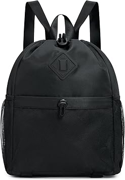 WANDF Drawstring Backpack Sports Gym Bag with Yoga Mat Strap, Water-Resistant String Backpack Cinch Bag with Mesh Pocket for Women Men (Black, Patent Pending)