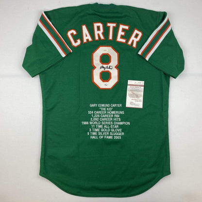 Autographed/Signed Gary Carter New York Green Stat Baseball Jersey JSA COA