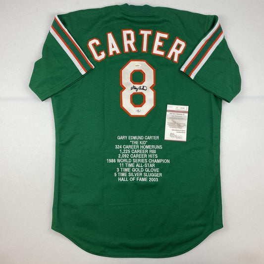 Autographed/Signed Gary Carter New York Green Stat Baseball Jersey JSA COA