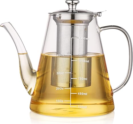 Glass Teapot - 54oz/1600ml Tea Pots with Scale Line, Glass Teapot with Infuser for Loose Tea, glass tea kettle for stove top, Blooming and Loose Leaf Tea Maker