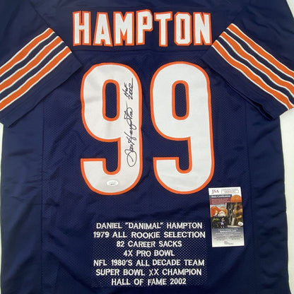 Autographed/Signed Dan Hampton HOF 2002 Chicago Blue Stat Football Jersey JSA COA