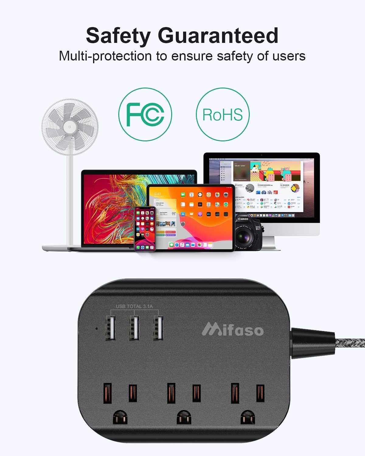 Power Strip w/ Flat Plug, 3 Outlets + 3 USB Ports, 3.1A, 5ft Cord, Cruise/Dorm