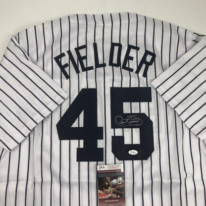 Autographed/Signed Cecil Fielder New York Pinstripe Baseball Jersey JSA COA