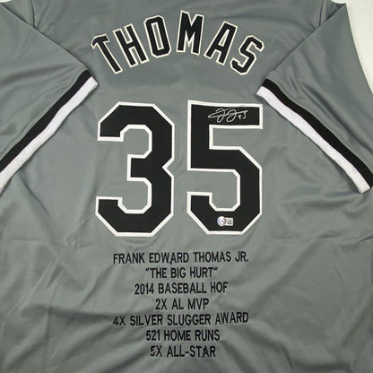 Autographed/Signed Frank Thomas Chicago Grey Stat Baseball Jersey Beckett BAS COA