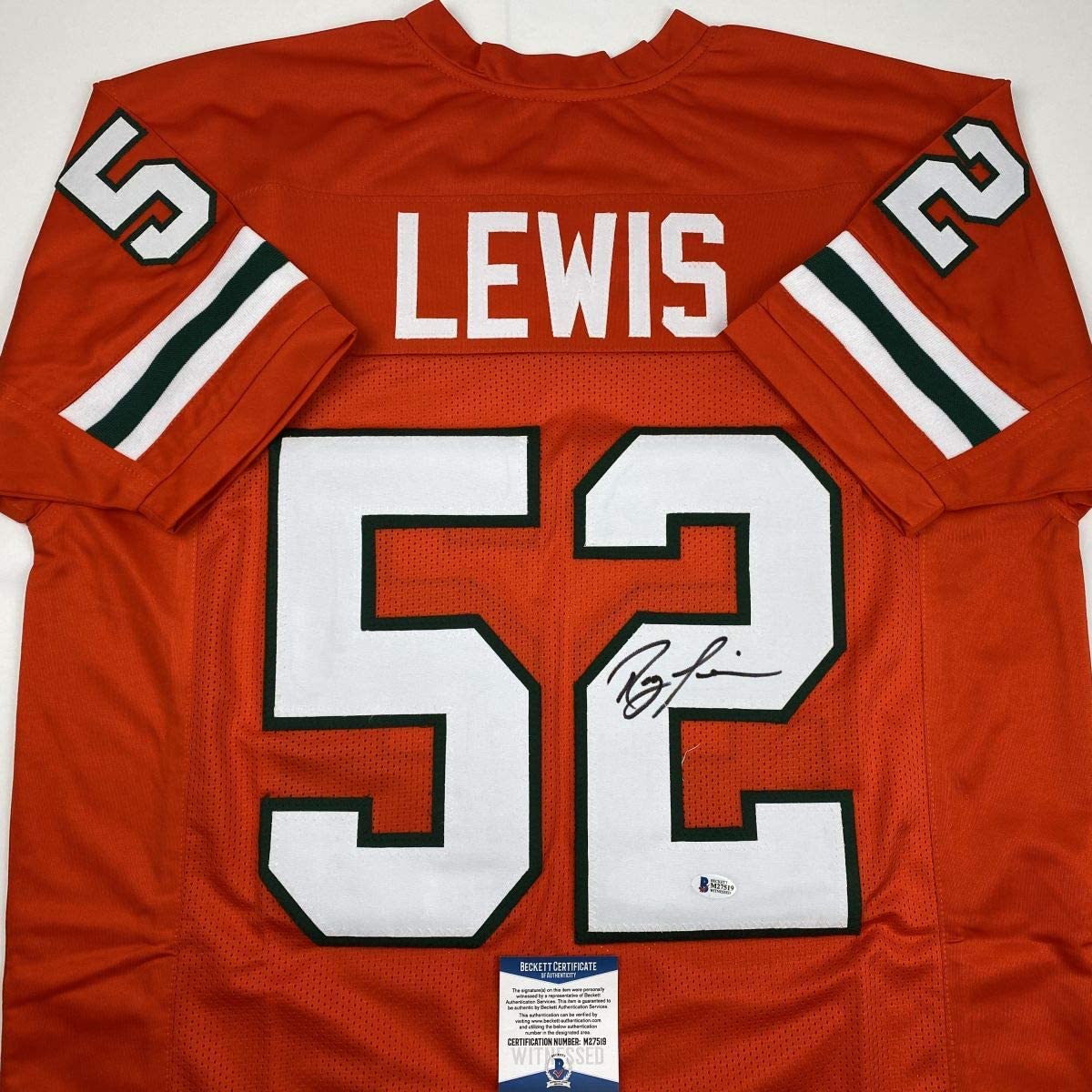 Autographed/Signed Ray Lewis Miami Orange College Football Jersey Beckett BAS COA