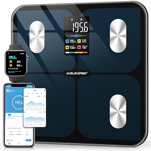 ABLEGRID Digital Smart Bathroom Scale for Body Weight and Fat Percentage, Body Fat Scale with BMI Large LCD Display, Accurate Body Composition Analyzer, Weighing Machine for People with Fitness App, 400lb