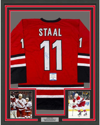 Framed Autographed/Signed Jordan Staal 35x39 Carolina Red Hockey Jersey Beckett BAS COA