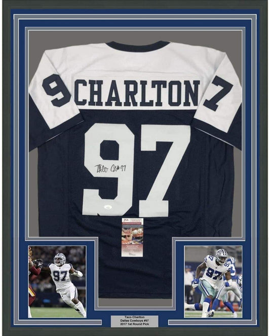 Framed Autographed/Signed Taco Charlton 35x39 Dallas Thanksgiving Day Football Jersey JSA COA