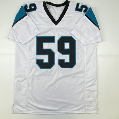 Autographed/Signed Luke Kuechly Carolina White Football Jersey Beckett BAS COA