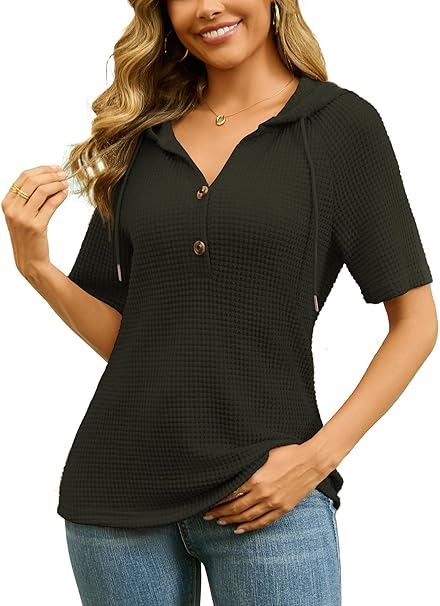 Women's Spring Summer Short Sleeve Waffle Knit Hoodie Casual Henley Button Shirt Tops