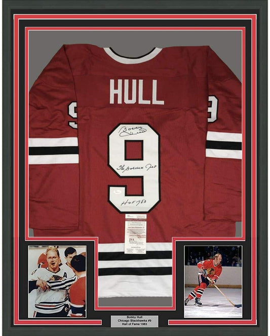 Framed Autographed/Signed Bobby Hull HOF 1983 The Golden Jet 35x39 Chicago Red Hockey Jersey JSA COA