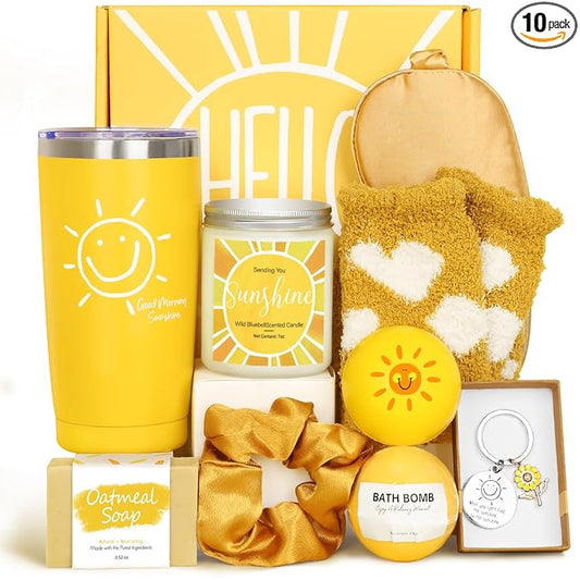 Gift Baskets for Women, 10pcs Unique Birthday Gifts for Women, Best Friend Birthday Gifts, Get Well Soon Gift Basket Sending Sunshine Gifts Cheer Up Box for Sister Friendship - BRIGHTEN UP HER DAY!