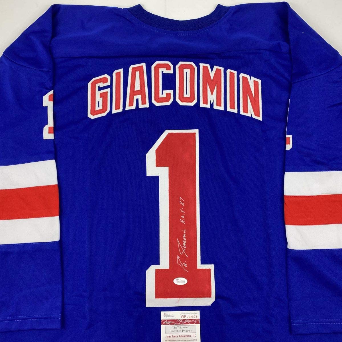 Autographed/Signed Eddie Giacomin HOF 87 New York Blue Hockey Jersey JSA COA