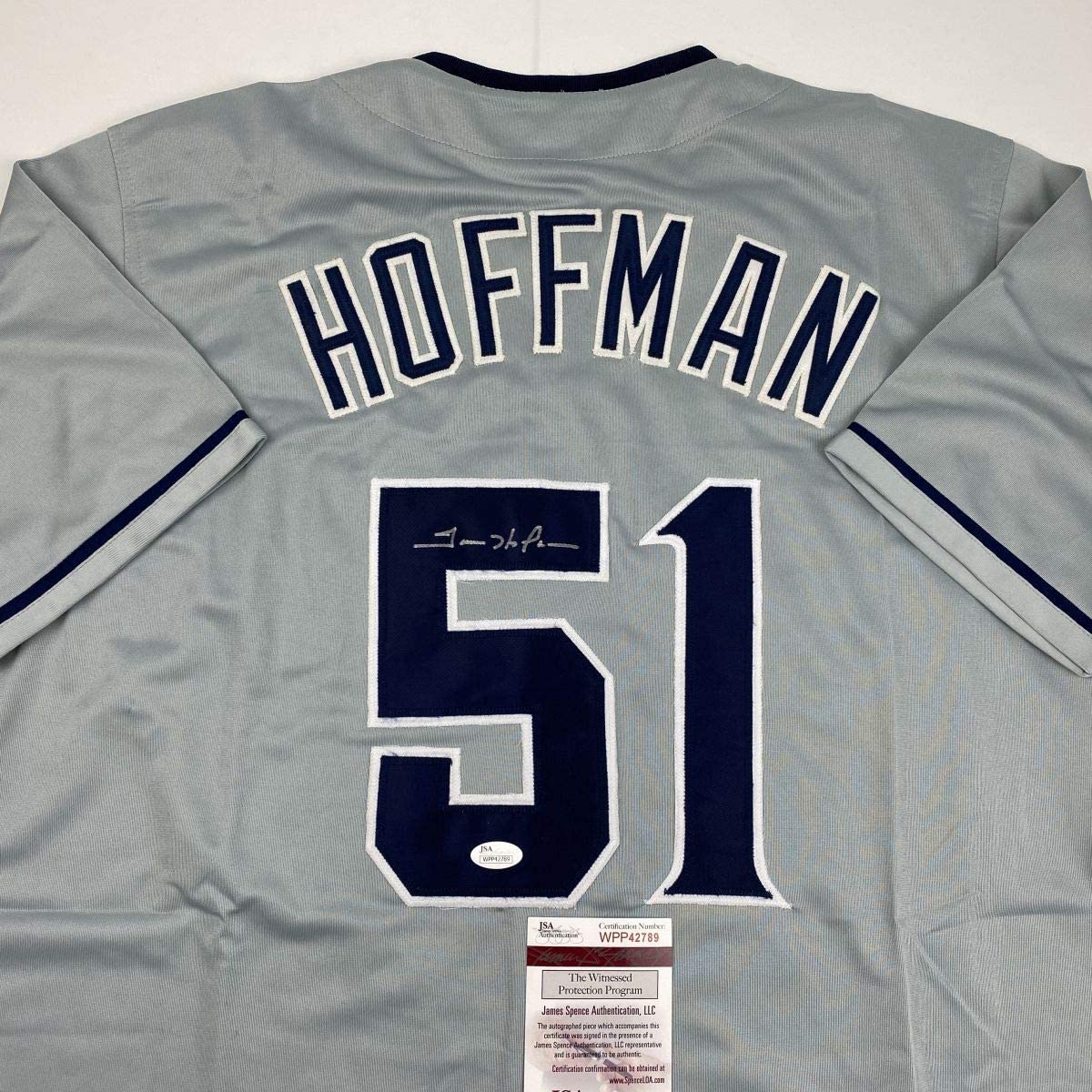 Autographed/Signed Trevor Hoffman San Diego Grey Baseball Jersey JSA COA