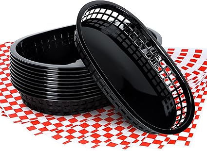 120 Sheets Red Checkered Deli Liners and 12 Black Fast Food Baskets, Classic Deli Baskets with Red Checkered Dry Waxed Deli Paper