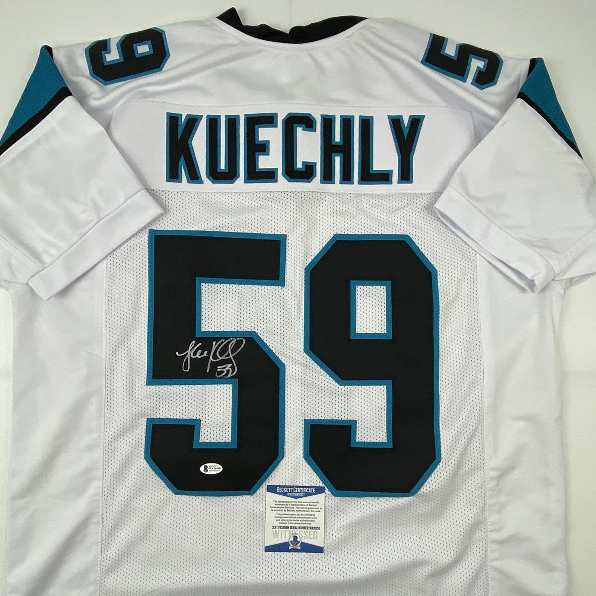 Autographed/Signed Luke Kuechly Carolina White Football Jersey Beckett BAS COA