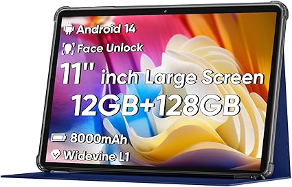 2025 Upgraded Android 14 Tablet, 11inch Tablet PC, Support Face Unlock, Octa-core CPU, 12GB+128GB+1TB Expand, 8000mAh Big Battery, 18W Fast Charging, WiFi6, BT5.0, Touchscreen Display Tableta with Case