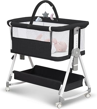 Baby Bassinet, 3 in 1 Bedside Bassinet for Baby with Hanging Toys, Portable Foldable Baby Bassinets Bedside Sleeper, 4-Sided Mesh Bedside Crib with Wheels and Storage Basket, 6 Height Adjustable (Black)