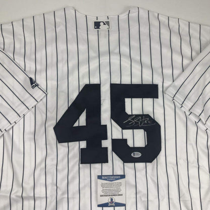 Autographed/Signed Luke Voit New York Pinstripe Baseball Jersey Beckett BAS COA