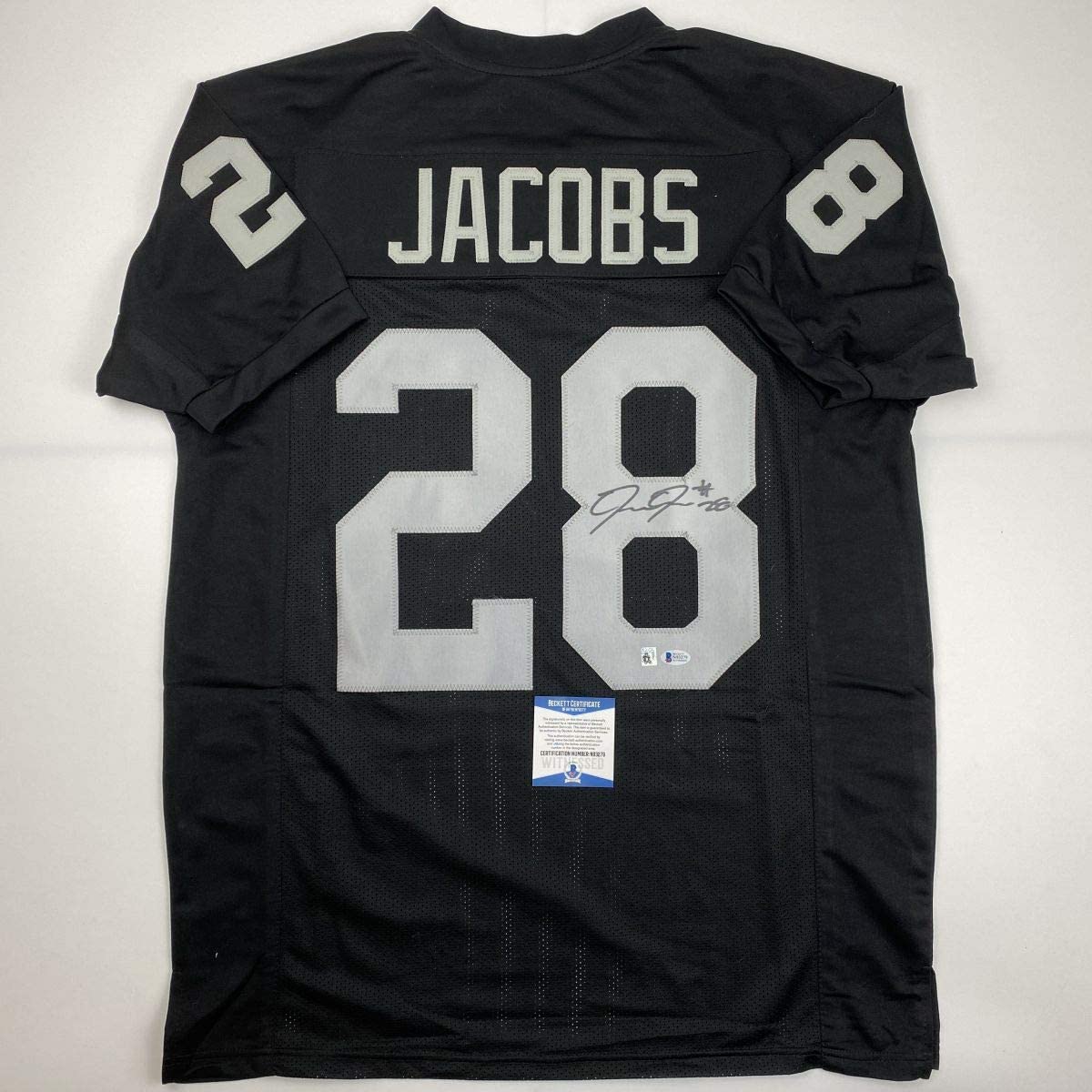 Autographed/Signed Josh Jacobs Las Vegas Oakland Black Football Jersey Beckett BAS COA