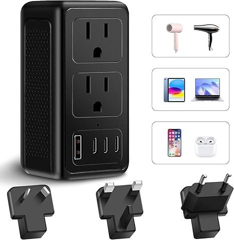 220V to 110V Converter, 220 to 110 Voltage Converter US to Europe for Hair Dryer, Power Converter Adapter Combo with 1 USB A and 3 USB C, European Travel Plug Adapter from US to EU/AUS/UK(Black)