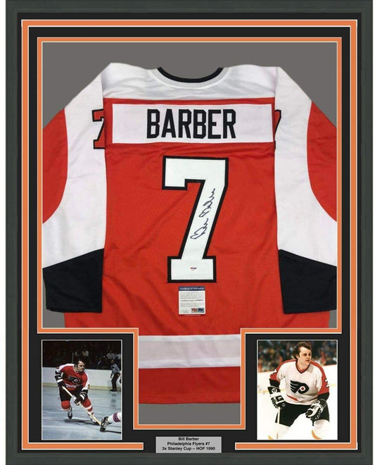 Framed Autographed/Signed Bill Barber 35x39 Philadelphia Orange Hockey Jersey PSA/DNA COA