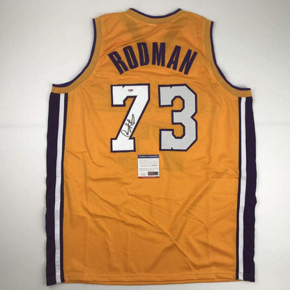 Autographed/Signed Dennis Rodman Los Angeles LA Yellow Basketball Jersey PSA/DNA COA