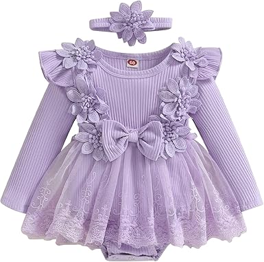 Baby Girl Tulle Birthday Party Princess Dress Long Sleeve Lace Flower Tutu Romper Dress Newborn Fall Clothes