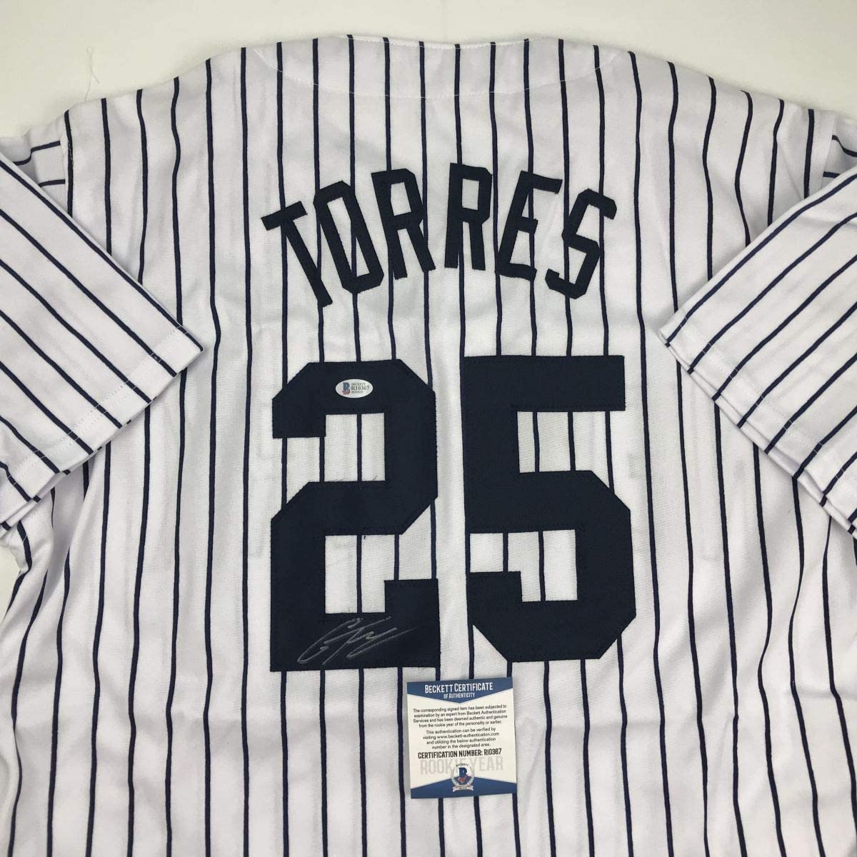 Autographed/Signed Gleyber Torres New York Pinstripe Baseball Jersey Beckett BAS COA