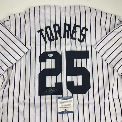 Autographed/Signed Gleyber Torres New York Pinstripe Baseball Jersey Beckett BAS COA