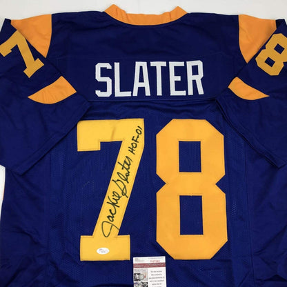 Autographed/Signed Jackie Slater HOF 01 Los Angeles LA Retro Blue Football Jersey JSA COA
