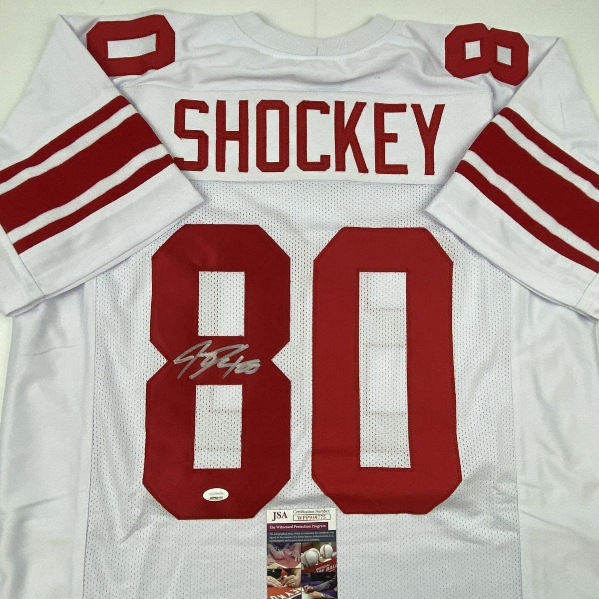 Autographed/Signed Jeremy Shockey New York White Football Jersey JSA COA