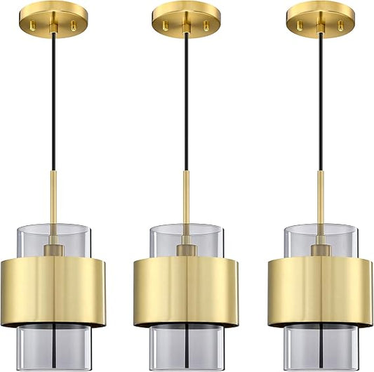 3 Pack 1 Light Hanging Indoor Kitchen Island 6" Drum Clear Grey Glass Shade Pendant Ceiling Light Fixtures, Brushed Bronze Finish Modern Farmhouse Dinning Over Sink