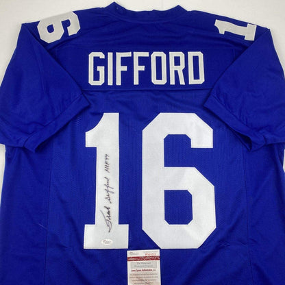 Autographed/Signed Frank Gifford HOF 77 New York Blue Football Jersey JSA COA