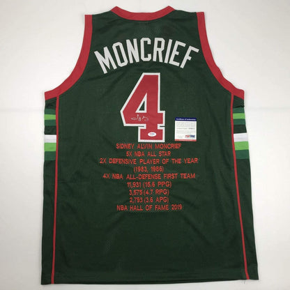 Autographed/Signed Sidney Moncrief Milwaukee Green Stat Basketball Jersey PSA/DNA COA