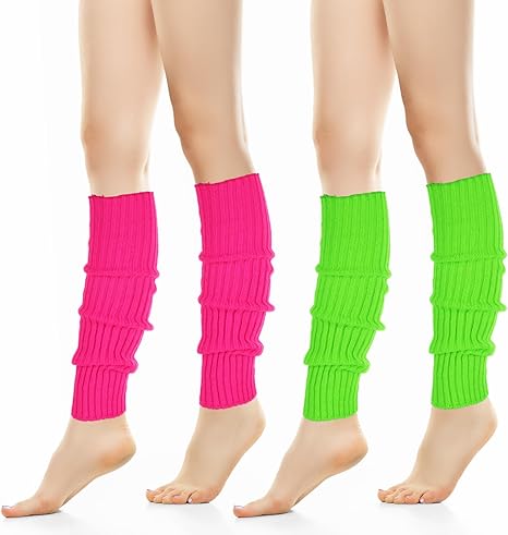 80s Leg Warmers 2 Pairs Knit Ribbed Leg Warmer Neon Leg Warmers for Girls Hot Pink Leg Warmers Green Leg Warmers Women Fashion Knit Neon Leg Warmers for Women Sports Party Yoga Accessories (Geen Pink)