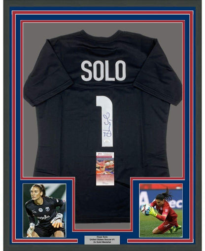 Framed Autographed/Signed Hope Solo 35x39 United States USA Black Soccer Jersey JSA COA