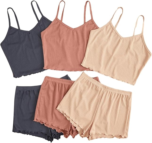 GORGLITTER Women's 6 Piece Pajama Set Frill Trim Cami Crop Top with Elastic Waist Shorts