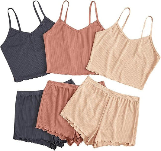 GORGLITTER Women's 6 Piece Pajama Set Frill Trim Cami Crop Top with Elastic Waist Shorts