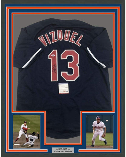 Framed Autographed/Signed Omar Vizquel 35x39 Cleveland Blue Baseball Jersey PSA/DNA COA