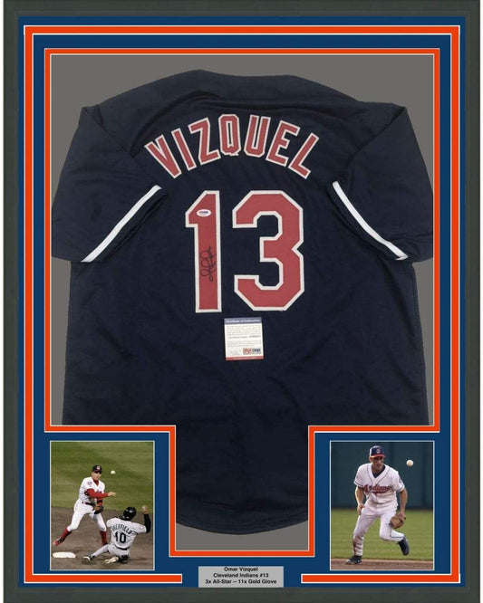Framed Autographed/Signed Omar Vizquel 35x39 Cleveland Blue Baseball Jersey PSA/DNA COA