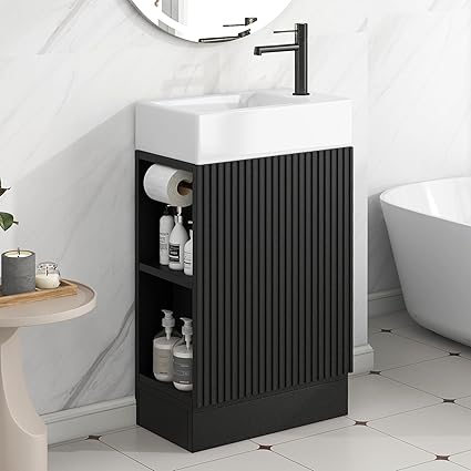 Merax Bathroom Vanity with Sink 18.6 Inch, Cabinet with Storage Shelf & Toilet Paper Holder, Left or Right Available,