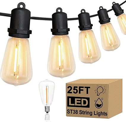 25FT LED Outdoor String Lights with 12+1 Edison Shatterproof Bulbs, Waterproof Connectable Hanging Lights for Backyard Porch Balcony Party Decor, E12 Socket Base, Black