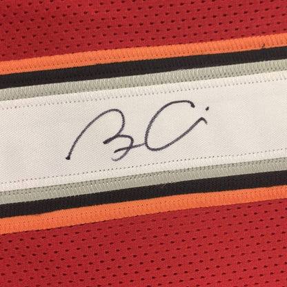 Framed Autographed/Signed Bruce Arians 35x39 Tampa Bay Red Football Jersey Beckett BAS COA